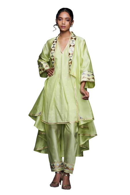 Shop Gulabo By Abu Sandeep Green Jamdani Embroidered Gota Open Jacket Online at Aza Fashions Shop_Gulabo By Abu Sandeep_Green Jamdani Embroidered Gota Open Jacket _Online_at_Aza_Fashions