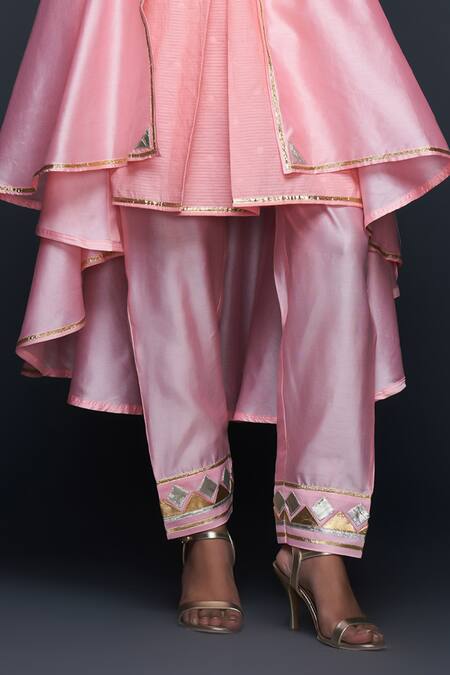 Shop Gulabo By Abu Sandeep Peach Jamdani Embroidered Gota Open Work Asymmetric Jacket Online at Aza Fashions Shop_Gulabo By Abu Sandeep_Peach Jamdani Embroidered Gota Open Work Asymmetric Jacket _Online_at_Aza_Fashions