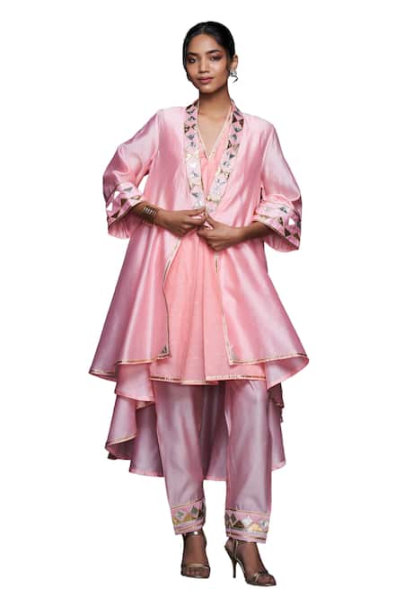 Gulabo By Abu Sandeep Peach Jamdani Embroidered Gota Open Work Asymmetric Jacket at Aza Fashions Gulabo By Abu Sandeep_Peach Jamdani Embroidered Gota Open Work Asymmetric Jacket _at_Aza_Fashions