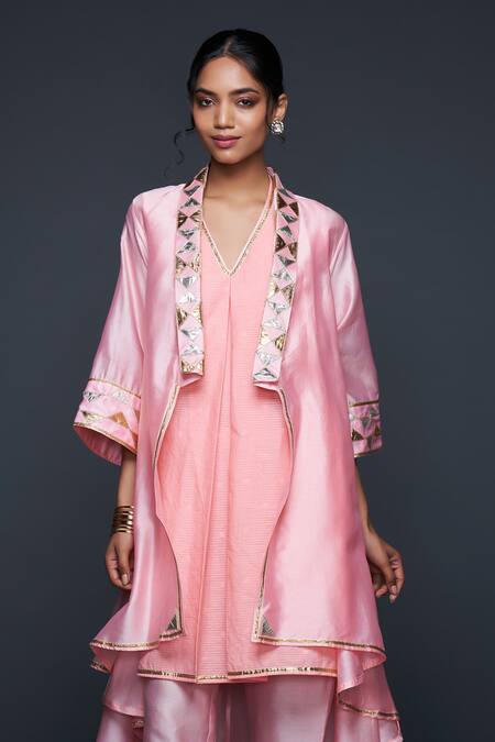 Buy Gulabo By Abu Sandeep Peach Jamdani Embroidered Gota Open Work Asymmetric Jacket Buy_Gulabo By Abu Sandeep_Peach Jamdani Embroidered Gota Open Work Asymmetric Jacket