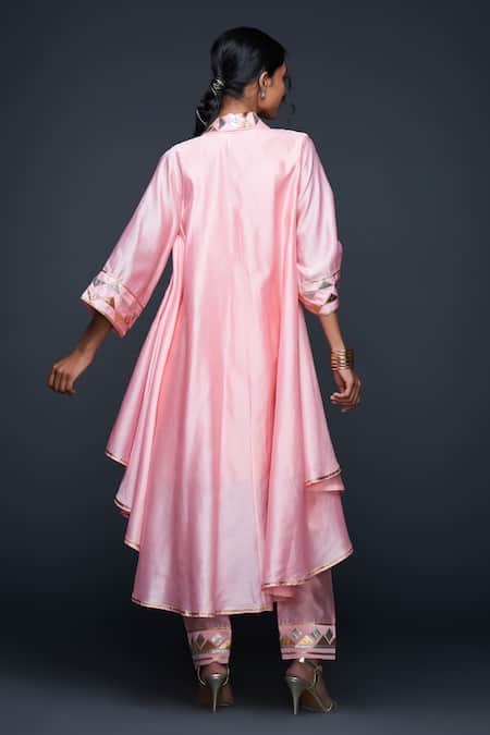 Shop Gulabo By Abu Sandeep Peach Jamdani Embroidered Gota Open Work Asymmetric Jacket at Aza Fashions Shop_Gulabo By Abu Sandeep_Peach Jamdani Embroidered Gota Open Work Asymmetric Jacket _at_Aza_Fashions