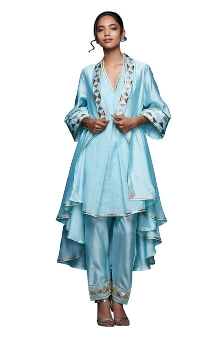 Gulabo By Abu Sandeep Blue Jamdani Embroidered Gota Open Jacket Online at Aza Fashions Gulabo By Abu Sandeep_Blue Jamdani Embroidered Gota Open Jacket _Online_at_Aza_Fashions