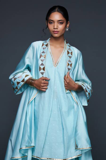 Shop Gulabo By Abu Sandeep Blue Jamdani Embroidered Gota Open Jacket Shop_Gulabo By Abu Sandeep_Blue Jamdani Embroidered Gota Open Jacket