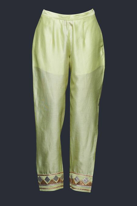 Shop Gulabo By Abu Sandeep Green Jamdani Embroidered Gota Pencil Pant Online at Aza Fashions Shop_Gulabo By Abu Sandeep_Green Jamdani Embroidered Gota Pencil Pant _Online_at_Aza_Fashions