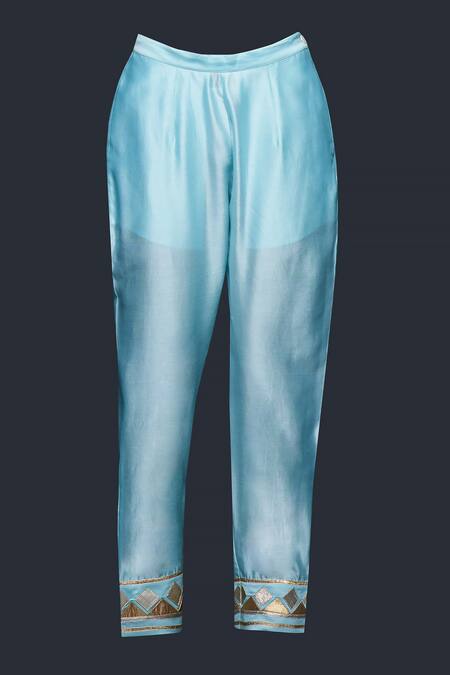 Gulabo By Abu Sandeep Blue Jamdani Embroidered Gota Hem Pant at Aza Fashions Gulabo By Abu Sandeep_Blue Jamdani Embroidered Gota Hem Pant _at_Aza_Fashions