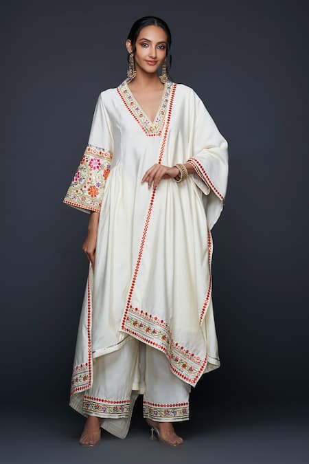 Buy_Gulabo By Abu Sandeep_Off White Viscose, Chanderi Silk Mirrors, Embroidery V-neck Gul Thread And Kurta 