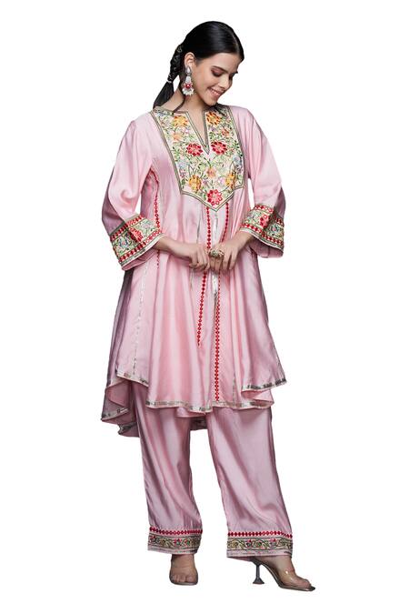 Shop Gulabo By Abu Sandeep Pink Viscose Chanderi Silk Embroidery Phool Bahar And Mirror Anarkali Online at Aza Fashions Shop_Gulabo By Abu Sandeep_Pink Viscose Chanderi Silk Embroidery Phool Bahar And Mirror Anarkali _Online_at_Aza_Fashions