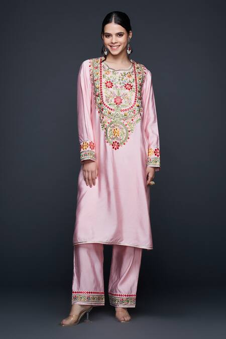 Gulabo By Abu Sandeep Pink Viscose Chanderi Silk Embroidery Thread Gulbahar And Mirror Straight Kurta Online at Aza Fashions Gulabo By Abu Sandeep_Pink Viscose Chanderi Silk Embroidery Thread Gulbahar And Mirror Straight Kurta _Online_at_Aza_Fashions
