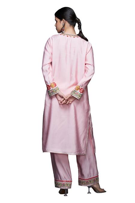 Shop Gulabo By Abu Sandeep Pink Viscose Chanderi Silk Embroidery Thread Gulbahar And Mirror Straight Kurta Online at Aza Fashions Shop_Gulabo By Abu Sandeep_Pink Viscose Chanderi Silk Embroidery Thread Gulbahar And Mirror Straight Kurta _Online_at_Aza_Fashions
