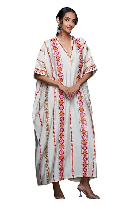 Gulabo By Abu Sandeep Off White Viscose Chanderi Silk Gulbahar Vine And Mirror Kaftan Online at Aza Fashions Gulabo By Abu Sandeep_Off White Viscose Chanderi Silk Gulbahar Vine And Mirror Kaftan _Online_at_Aza_Fashions