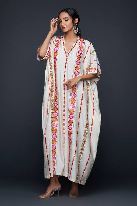 Shop Gulabo By Abu Sandeep Off White Viscose Chanderi Silk Gulbahar Vine And Mirror Kaftan Online at Aza Fashions Shop_Gulabo By Abu Sandeep_Off White Viscose Chanderi Silk Gulbahar Vine And Mirror Kaftan _Online_at_Aza_Fashions