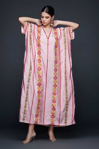 Shop Gulabo By Abu Sandeep Pink Viscose, Chanderi Silk Gota Patti, Mirrors, Gullista Vine Thread And Kaftan Online at Aza Fashions Shop_Gulabo By Abu Sandeep_Pink Viscose, Chanderi Silk Gota Patti, Mirrors, Gullista Vine Thread And Kaftan _Online_at_Aza_Fashions