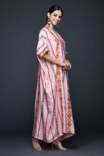 Gulabo By Abu Sandeep Pink Viscose, Chanderi Silk Gota Patti, Mirrors, Gullista Vine Thread And Kaftan at Aza Fashions Gulabo By Abu Sandeep_Pink Viscose, Chanderi Silk Gota Patti, Mirrors, Gullista Vine Thread And Kaftan _at_Aza_Fashions
