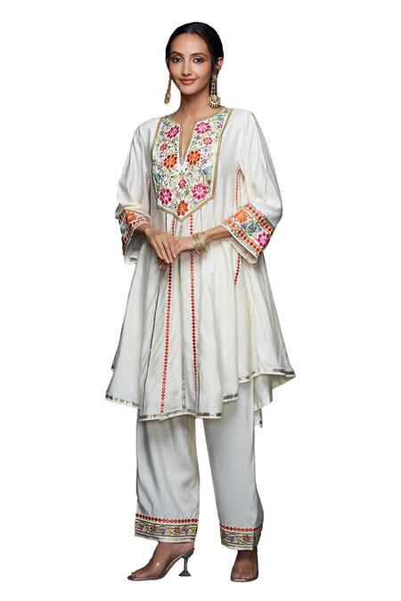 Buy_Gulabo By Abu Sandeep_Off White Viscose Chanderi Silk Embroidery Phool And Mirror Anarkali  _Online_at_Aza_Fashions