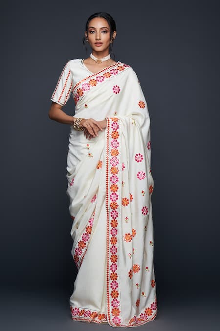 Gulabo By Abu Sandeep_Off White Viscose Chanderi Silk Floral Motif And Mirror Saree  _Online_at_Aza_Fashions
