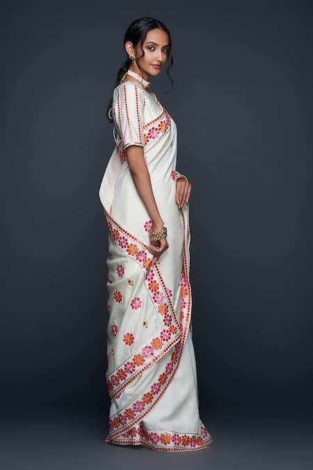 Buy_Gulabo By Abu Sandeep_Off White Viscose Chanderi Silk Floral Motif And Mirror Saree  _Online_at_Aza_Fashions