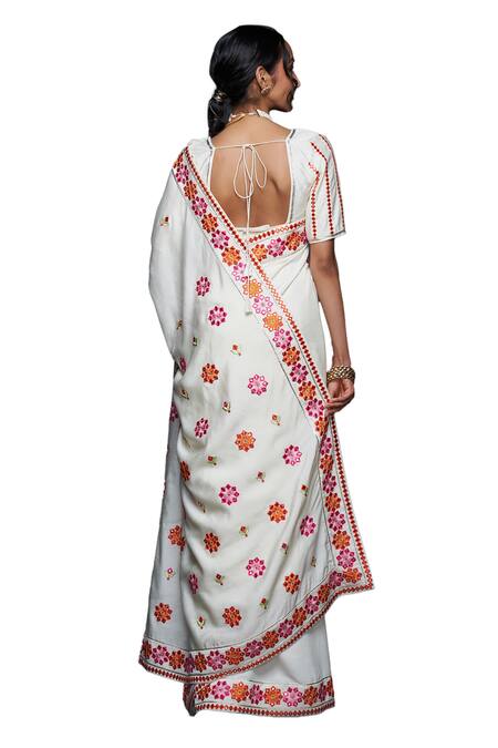 Gulabo By Abu Sandeep_Off White Viscose Chanderi Silk Floral Motif And Mirror Saree  _at_Aza_Fashions