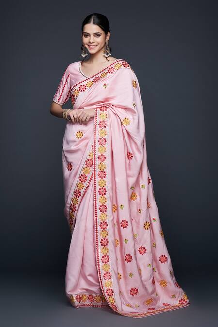 Gulabo By Abu Sandeep_Pink Viscose, Chanderi Silk Embroidery Bloom Motif Thread And Mirror Saree _Online_at_Aza_Fashions