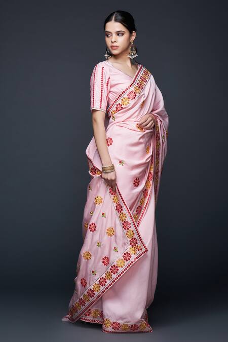 Buy_Gulabo By Abu Sandeep_Pink Viscose, Chanderi Silk Embroidery Bloom Motif Thread And Mirror Saree _Online_at_Aza_Fashions