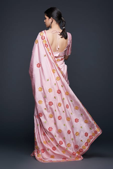 Shop_Gulabo By Abu Sandeep_Pink Viscose, Chanderi Silk Embroidery Bloom Motif Thread And Mirror Saree _at_Aza_Fashions