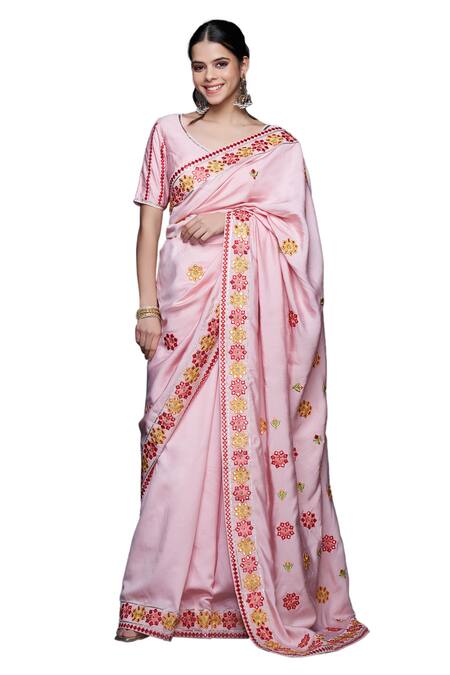 Shop_Gulabo By Abu Sandeep_Pink Viscose, Chanderi Silk Embroidery Bloom Motif Thread And Mirror Saree _Online_at_Aza_Fashions