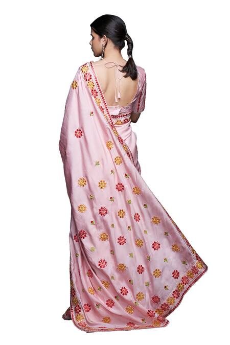 Gulabo By Abu Sandeep_Pink Viscose, Chanderi Silk Embroidery Bloom Motif Thread And Mirror Saree _at_Aza_Fashions