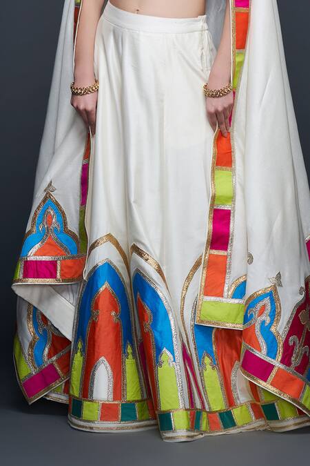 Buy_Gulabo By Abu Sandeep_Off White Cotton, Silk Gota Patti Architecture Motif Embroidered Lehenga _Online_at_Aza_Fashions