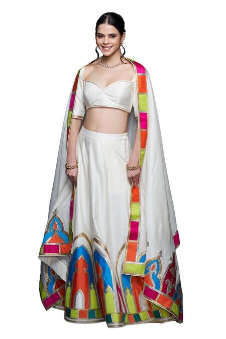 Shop_Gulabo By Abu Sandeep_Off White Cotton, Silk Gota Patti Architecture Motif Embroidered Lehenga _Online_at_Aza_Fashions
