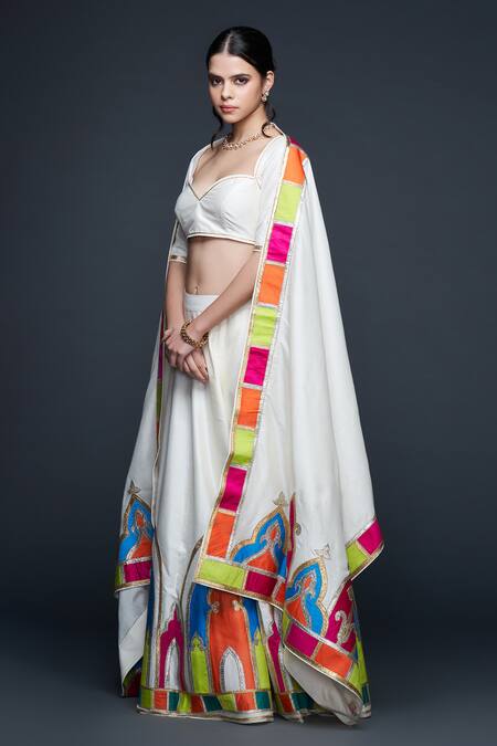 Buy_Gulabo By Abu Sandeep_Off White Cotton, Silk Gota Patti Architecture Motif Embroidered Lehenga 