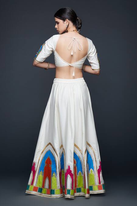 Shop_Gulabo By Abu Sandeep_Off White Cotton, Silk Gota Patti Architecture Motif Embroidered Lehenga 