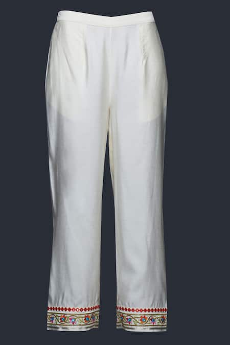 Gulabo By Abu Sandeep Off White Viscose, Chanderi Silk Mirrors, Lace Mirrorwork Embellished Pant Online at Aza Fashions Gulabo By Abu Sandeep_Off White Viscose, Chanderi Silk Mirrors, Lace Mirrorwork Embellished Pant _Online_at_Aza_Fashions