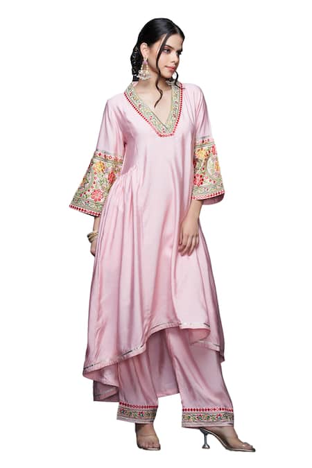 Gulabo By Abu Sandeep_Pink Viscose, Chanderi Silk Mirrors, Embroidery Hem Pant _Online_at_Aza_Fashions