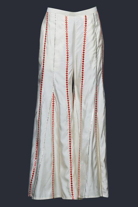 Gulabo By Abu Sandeep_Off White Viscose Chanderi Silk Embellished Mirrorwork Flared Pant  _Online_at_Aza_Fashions