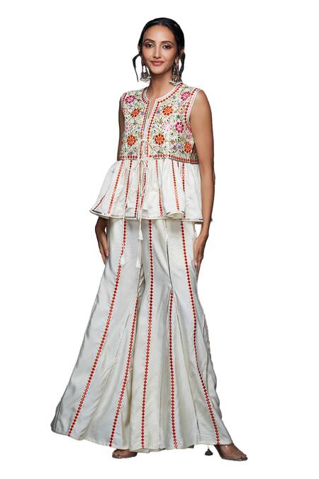 Buy_Gulabo By Abu Sandeep_Off White Viscose Chanderi Silk Embellished Mirrorwork Flared Pant  _Online_at_Aza_Fashions