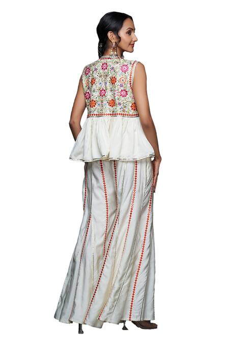 Shop_Gulabo By Abu Sandeep_Off White Viscose Chanderi Silk Embellished Mirrorwork Flared Pant  _Online_at_Aza_Fashions