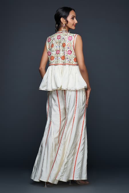 Shop_Gulabo By Abu Sandeep_Off White Viscose Chanderi Silk Embellished Mirrorwork Flared Pant  _at_Aza_Fashions