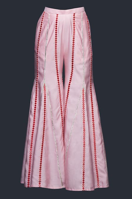 Gulabo By Abu Sandeep_Pink Viscose Chanderi Silk Embellished Mirrorwork Stripe Flared Pant  _Online_at_Aza_Fashions