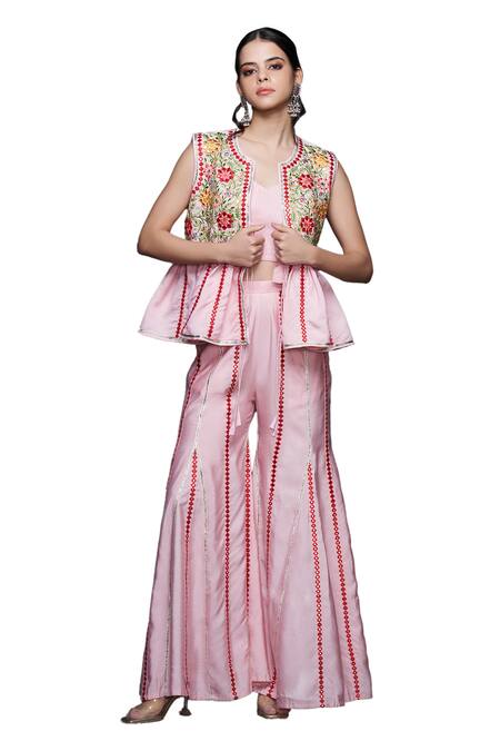 Buy_Gulabo By Abu Sandeep_Pink Viscose Chanderi Silk Embellished Mirrorwork Stripe Flared Pant  _Online_at_Aza_Fashions