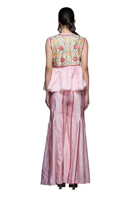 Shop_Gulabo By Abu Sandeep_Pink Viscose Chanderi Silk Embellished Mirrorwork Stripe Flared Pant  _Online_at_Aza_Fashions
