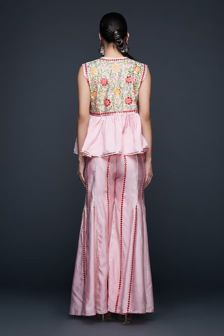 Shop_Gulabo By Abu Sandeep_Pink Viscose Chanderi Silk Embellished Mirrorwork Stripe Flared Pant  _at_Aza_Fashions