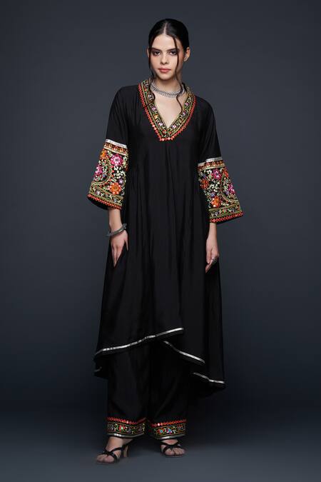 Gulabo By Abu Sandeep Black Viscose, Chanderi Silk Lace, Mirrors Floral Embroidered High-low Tunic Online at Aza Fashions Gulabo By Abu Sandeep_Black Viscose, Chanderi Silk Lace, Mirrors Floral Embroidered High-low Tunic _Online_at_Aza_Fashions
