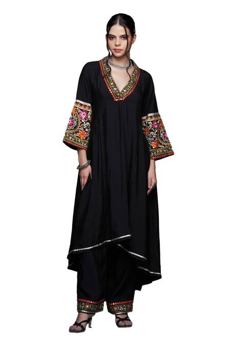 Buy Gulabo By Abu Sandeep Black Viscose, Chanderi Silk Lace, Mirrors Floral Embroidered High-low Tunic Online at Aza Fashions Buy_Gulabo By Abu Sandeep_Black Viscose, Chanderi Silk Lace, Mirrors Floral Embroidered High-low Tunic _Online_at_Aza_Fashions