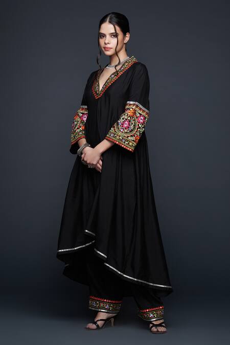 Shop Gulabo By Abu Sandeep Black Viscose, Chanderi Silk Lace, Mirrors Floral Embroidered High-low Tunic Online at Aza Fashions Shop_Gulabo By Abu Sandeep_Black Viscose, Chanderi Silk Lace, Mirrors Floral Embroidered High-low Tunic _Online_at_Aza_Fashions