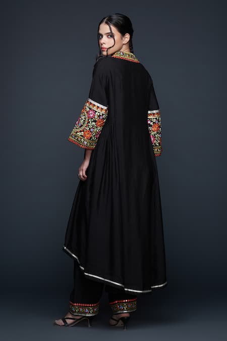 Shop Gulabo By Abu Sandeep Black Viscose, Chanderi Silk Lace, Mirrors Floral Embroidered High-low Tunic at Aza Fashions Shop_Gulabo By Abu Sandeep_Black Viscose, Chanderi Silk Lace, Mirrors Floral Embroidered High-low Tunic _at_Aza_Fashions