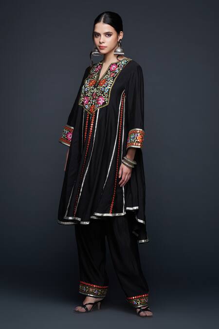 Gulabo By Abu Sandeep Black Viscose Chanderi Silk Floral Embroidered High-low Kurta Online at Aza Fashions Gulabo By Abu Sandeep_Black Viscose Chanderi Silk Floral Embroidered High-low Kurta _Online_at_Aza_Fashions