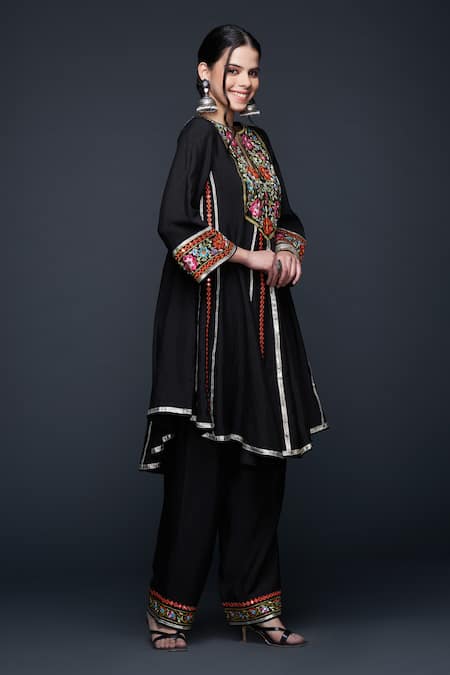 Buy Gulabo By Abu Sandeep Black Viscose Chanderi Silk Floral Embroidered High-low Kurta Online at Aza Fashions Buy_Gulabo By Abu Sandeep_Black Viscose Chanderi Silk Floral Embroidered High-low Kurta _Online_at_Aza_Fashions