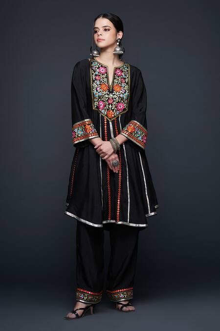 Shop Gulabo By Abu Sandeep Black Viscose Chanderi Silk Floral Embroidered High-low Kurta Online at Aza Fashions Shop_Gulabo By Abu Sandeep_Black Viscose Chanderi Silk Floral Embroidered High-low Kurta _Online_at_Aza_Fashions
