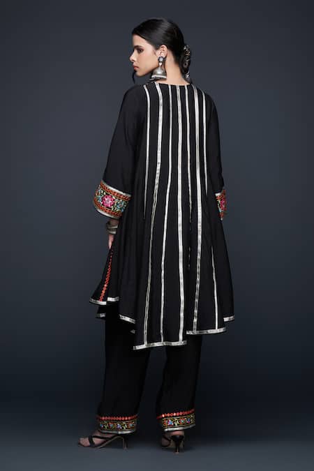 Shop Gulabo By Abu Sandeep Black Viscose Chanderi Silk Floral Embroidered High-low Kurta at Aza Fashions Shop_Gulabo By Abu Sandeep_Black Viscose Chanderi Silk Floral Embroidered High-low Kurta _at_Aza_Fashions