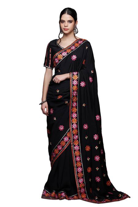Gulabo By Abu Sandeep Black Viscose Chanderi Silk Embellished Mirrorwork V-neck Blouse Online at Aza Fashions Gulabo By Abu Sandeep_Black Viscose Chanderi Silk Embellished Mirrorwork V-neck Blouse _Online_at_Aza_Fashions