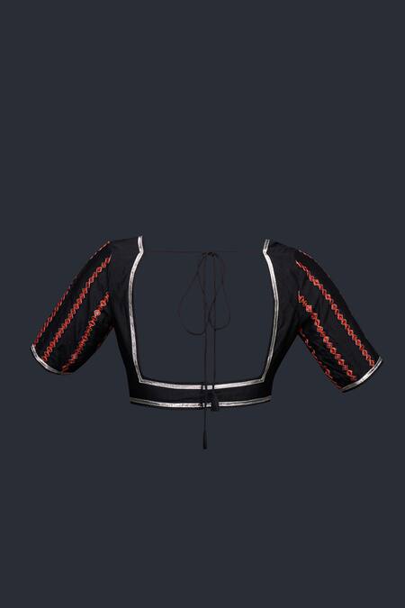 Gulabo By Abu Sandeep Black Viscose Chanderi Silk Embellished Mirrorwork V-neck Blouse at Aza Fashions Gulabo By Abu Sandeep_Black Viscose Chanderi Silk Embellished Mirrorwork V-neck Blouse _at_Aza_Fashions